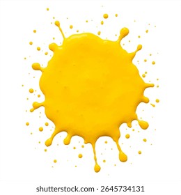 Vibrant yellow paint splash on white background, creating a dynamic, abstract design with splatters and drips. Perfect for artistic, creative, or modern projects.
