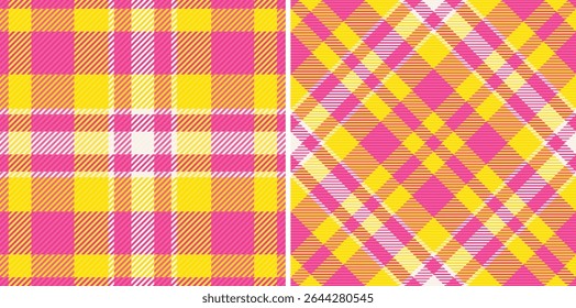 Vibrant yellow and pink plaid patterns perfect for textile design, fashion, or website backgrounds.  These bold, geometric designs offer a cheerful and modern aesthetic.