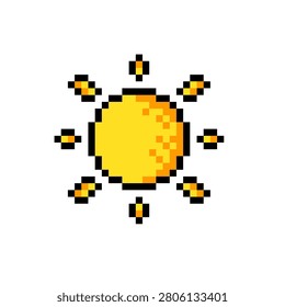 Vibrant yellow pixel art sun icon with detailed shading texture and golden diamond rays, 8-bit retro game asset for weather or sky elements.