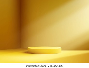 Un podio amarillo vibrante iluminado por una luz suave y cálida en una habitación minimalista con un fondo de gradiente suave, creando una atmósfera serena y acogedora