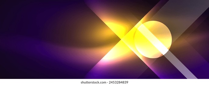 A vibrant yellow and purple light shines on a deep purple background, creating a colorful and fluid reflection. The scene resembles a cosmic event with a hint of electric blue in the sky