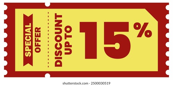 Vibrant yellow and red banner with bold text offering up to 15% off. Perfect for promoting sales and special offers. Ideal for online and offline marketing to boost engagement and sales.