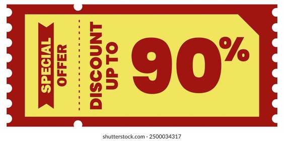 Vibrant yellow and red banner with bold text offering up to 90% off. Perfect for promoting sales and special offers. Ideal for online and offline marketing to boost engagement and sales.