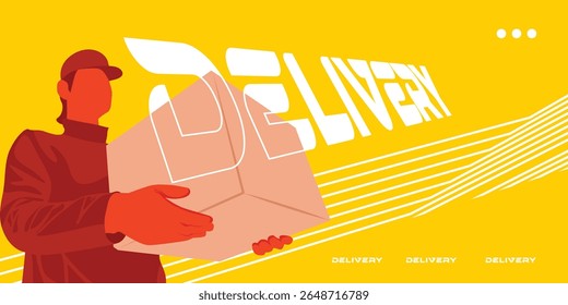 Vibrant Yellow and Red color Flat vector illustration of courier holding package box in realistic silhouette style, perfect for logistics, shipping, and delivery themes.