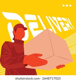 Vibrant Yellow and Red color Flat vector illustration of courier holding package box in realistic silhouette style, perfect for logistics, shipping, and delivery themes.