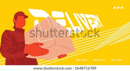 Vibrant Yellow and Red color Flat vector illustration of courier holding package box in realistic silhouette style, perfect for logistics, shipping, and delivery themes.