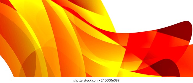 A vibrant yellow and red ribbon dances in the wind against a white backdrop, displaying shades of amber, orange, and peach in a mesmerizing pattern