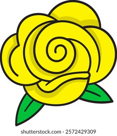 A vibrant yellow rose illustration with simple green leaves and bold outlines, creating a cheerful and elegant look.