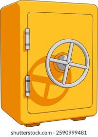 Vibrant yellow safe featuring large circular dial and latch, symbolizing security and protection for valuable items and treasures stored inside. Vector illustration.