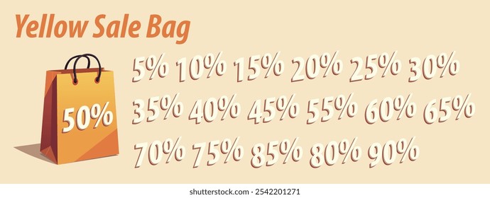 A vibrant yellow sale bag prominently showcasing a variety of discount percentages for exciting promotional events