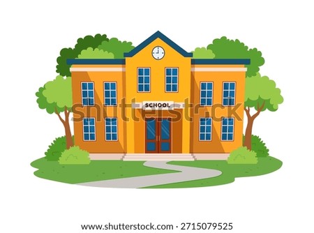 Vibrant Yellow School Building with Blue Roof and Clock Surrounded by Green Trees and a Winding Path