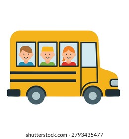 A vibrant yellow school bus is depicted in a flat vector style, carrying three smiling children, two boys and one girl, looking out the windows.