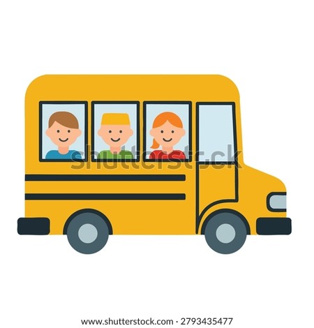 A vibrant yellow school bus is depicted in a flat vector style, carrying three smiling children, two boys and one girl, looking out the windows.