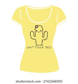 A vibrant yellow scoop-neck t-shirt features a charming cartoon cactus illustration and the playful phrase 'Don't Touch Me!'