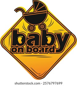 Vibrant yellow sign features baby carriage and bold lettering.