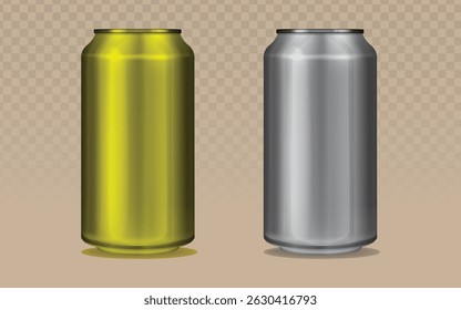 Vibrant yellow and silver aluminum beverage cans with realistic metallic reflections, positioned for dynamic product mockups. Perfect for soda branding, energy drink ads, or e-commerce visuals 