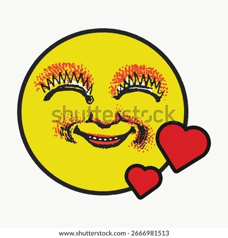 A vibrant yellow smiley face with red hearts. The smiley face is cheerful, with a wide smile and expressive eyes. The red hearts add a touch of love and joy. Love illustration vector.