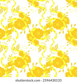 Vibrant yellow snake pattern intertwined with floral motifs on a light background