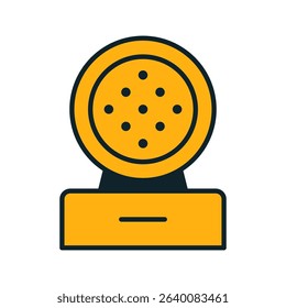 A vibrant yellow speaker icon is displayed against a simple background, featuring vent holes in its circular top, symbolizing sound and audio technology.