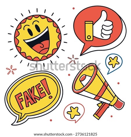 A vibrant yellow speech bubble boldly proclaims the word fake in large striking red capital letters