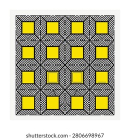 Vibrant yellow squares on a black and white geometric patterned background, modern design concept