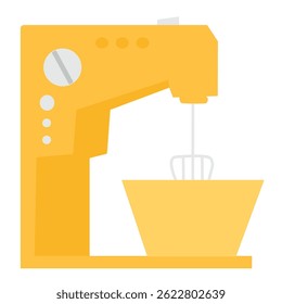 A vibrant yellow stand mixer with a mixing bowl, depicted in a minimalist, flat design style.