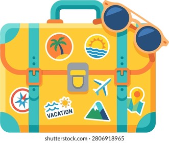 A vibrant yellow suitcase adorned with various travel-themed stickers, including a palm tree, waves, a compass, an airplane, and mountains. Sunglasses rest on top.