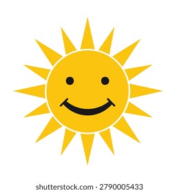 A vibrant yellow sun character featuring a happy smiling face and radiating triangular sunbeams isolated on a white background