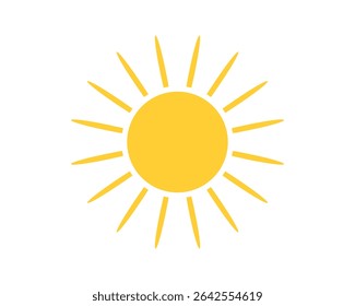 Vibrant yellow sun graphic with radiating rays. Represents warmth, summer, energy, and positivity. Ideal for weather forecasts, vacation promotions, or kids designs.