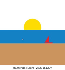 Vibrant yellow sun positioned above a tranquil blue ocean horizon with a small red sailboat