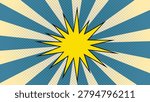 Vibrant yellow sunburst with bold rays set against diagonal blue and white stripes background.