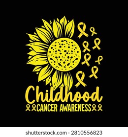 A vibrant yellow sunflower design featuring multiple awareness ribbons, symbolizing support for childhood cancer awareness, set against a black background.
