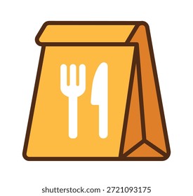 Eine lebendige gelbe Tasche zum Mitnehmen mit einer Gabel und einem Messersymbol, perfekt für die Lieferung von Mahlzeiten und das Branding im Restaurant.