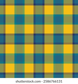 Vibrant yellow, teal, and olive green plaid pattern.  Perfect for textile designs, website backgrounds, or seasonal projects.  This cheerful, geometric design evokes feelings of warmth and optimism.