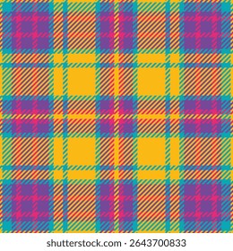 Vibrant yellow, teal, pink  purple plaid pattern.  Bold, graphic design ideal for fashion, textiles,  web backgrounds.  A cheerful, energetic texture conveying joy and optimism.