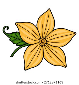 Una flor de Vector amarillo vibrante con hojas verdes y un tallo rizado, aislado en un fondo blanco, mostrando la ilustración botánica.