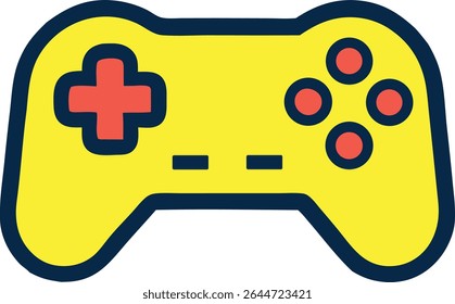 A vibrant yellow video game controller icon, featuring bold red and dark blue accents. This simple, flat design is perfect for game-related projects