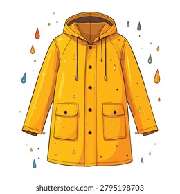 A vibrant yellow waterproof raincoat featuring a hood and functional pockets illustrated in a clean hand drawn style.