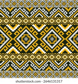 Vibrant Yellow, White, and Black Seamless Tribal Border Pixel Pattern, Traditional Ethnic Textile Design with Zigzag and Diamond Motifs, Folk Art Fabric Print