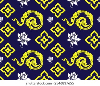 Vibrant yellow and white floral patterns on deep blue background create striking visual. intricate designs feature swirling motifs and lotus flowers, evoking sense of elegance and cultural richness.