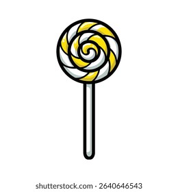 A vibrant yellow and white spiral lollipop vector illustration. Perfect for candy, dessert, sweet shop, or children's themes. Isolated on white.