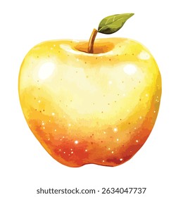 A vibrant yellow-orange apple, rendered in watercolor style, features a single green leaf atop its stem. The apple is depicted in a slightly angled view.