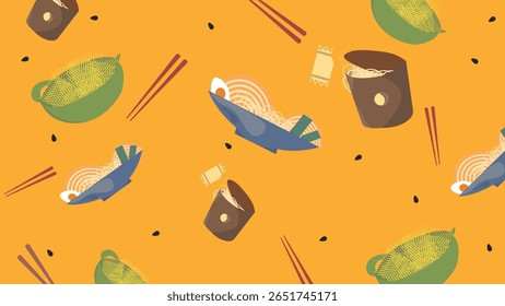 Plano de fundo amarelo-laranja vibrante com tigelas de ramen ilustradas, fatias de ovo, pauzinhos e ingredientes de sopa em um layout artístico. 