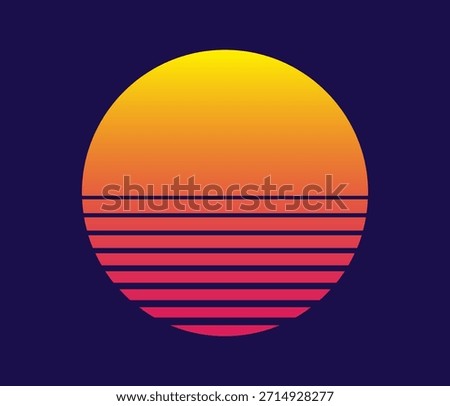 A vibrant yellow-to-pink gradient circle sits on a dark indigo background. Horizontal pink lines fill the lower half creating a classic retrowave 80s aesthetic.