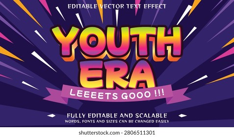 Vibrant Youth Era Retro Comic Style Graphic Text Design with Energetic Radial Burst Background and Fun Decorative Ribbon Banner