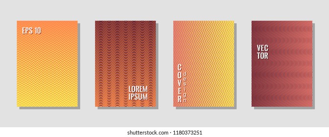 Vibrant zig zag banner templates, wavy lines gradient stripes backgrounds for business cover. Curve shapes stripes, zig zag edge lines halftone texture gradient book covers collection in yellow red.