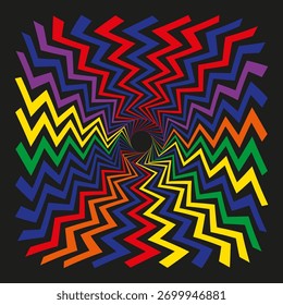 Rotação vibrante em ziguezague. Espectro radial Vetor. Padrão de cor dinâmico. Resumo do plano de fundo escuro.