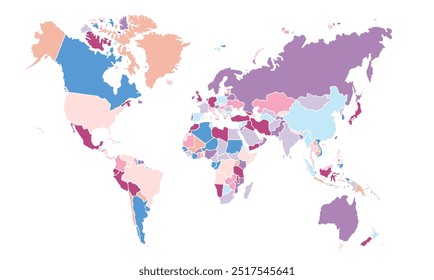 Vibrantly colored blank world map vector with distinct, bold continents. Clean, label-free design for creative projects.international,sign,art,region,city,contour,nation,infographic,political,concept.