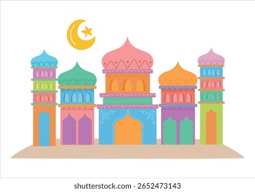 Vibrantly Colored Cartoon Mosque Illustration with Crescent Moon and Star. Islamic Ramadan and Eid al-Fitr vector illustration for greeting cards, invitations, design elements.