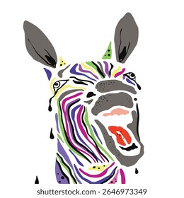Vibrantly colored donkey with artistic bright patterns, creative painted farm animal, colorful festive design on rustic countryside background


